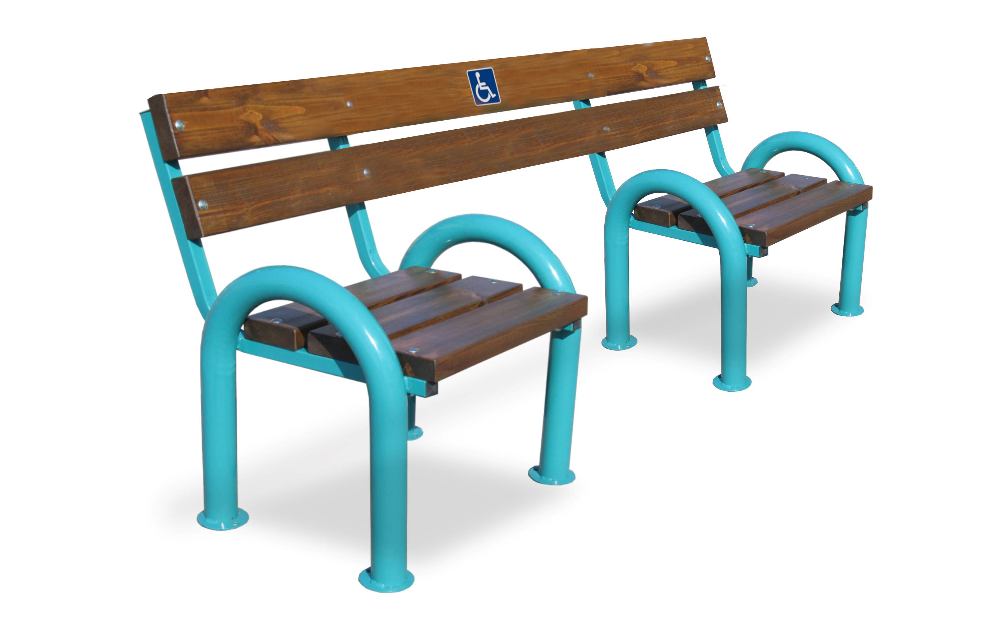 Panchina inclusiva con seduta e schienale in legno di pino tinto colore noce