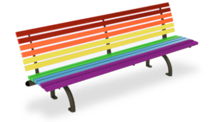 Panchina mod. Rondine Arcobaleno con seduta e schienale verniciati con colori dell'arcobaleno rosso, arancio, giallo, verde, blu e magenta